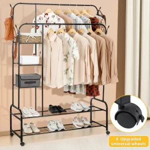 #CR-03-105 Black Metal All in One Clothing Rack on Wheels