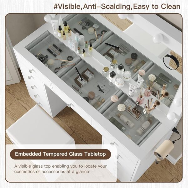 #DT-025 White 11 Drawers Glass Top Vanity with Lights, Stool & Built in Power Strip - Image 6