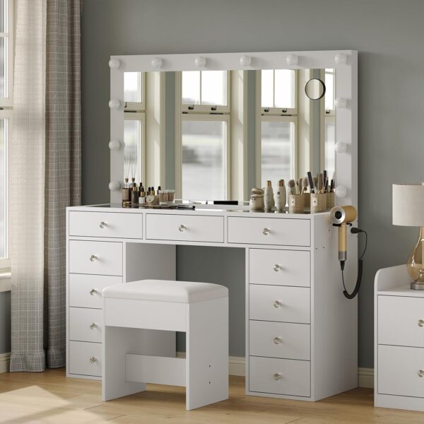 #DT-025 White 11 Drawers Glass Top Vanity with Lights, Stool & Built in Power Strip - Image 2