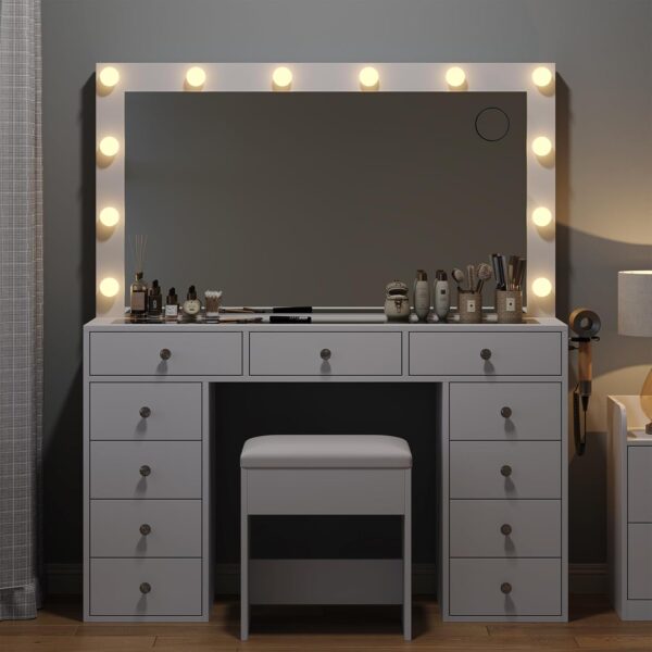#DT-025 White 11 Drawers Glass Top Vanity with Lights, Stool & Built in Power Strip - Image 12