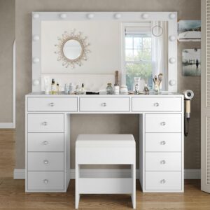 #DT-025 White 11 Drawers Glass Top Vanity with Lights, Stool & Built in Power Strip