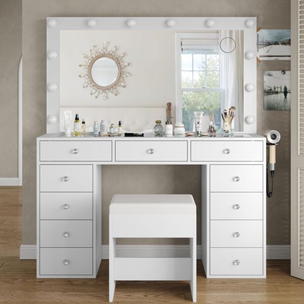 #DT-025 White 11 Drawers Glass Top Vanity with Lights, Stool & Built in Power Strip