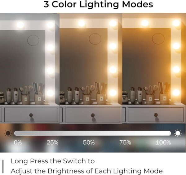 #DT-025 White 11 Drawers Glass Top Vanity with Lights, Stool & Built in Power Strip - Image 5