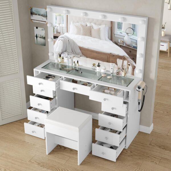 #DT-025 White 11 Drawers Glass Top Vanity with Lights, Stool & Built in Power Strip - Image 3