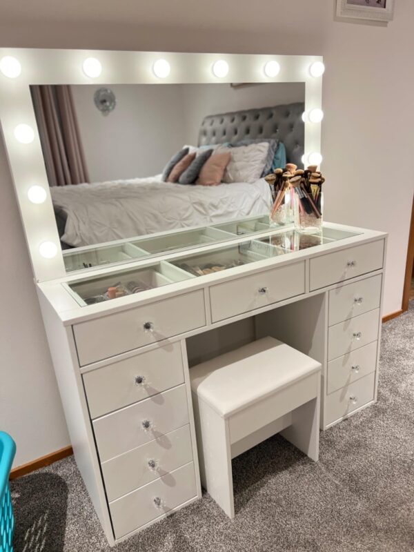 #DT-025 White 11 Drawers Glass Top Vanity with Lights, Stool & Built in Power Strip - Image 13