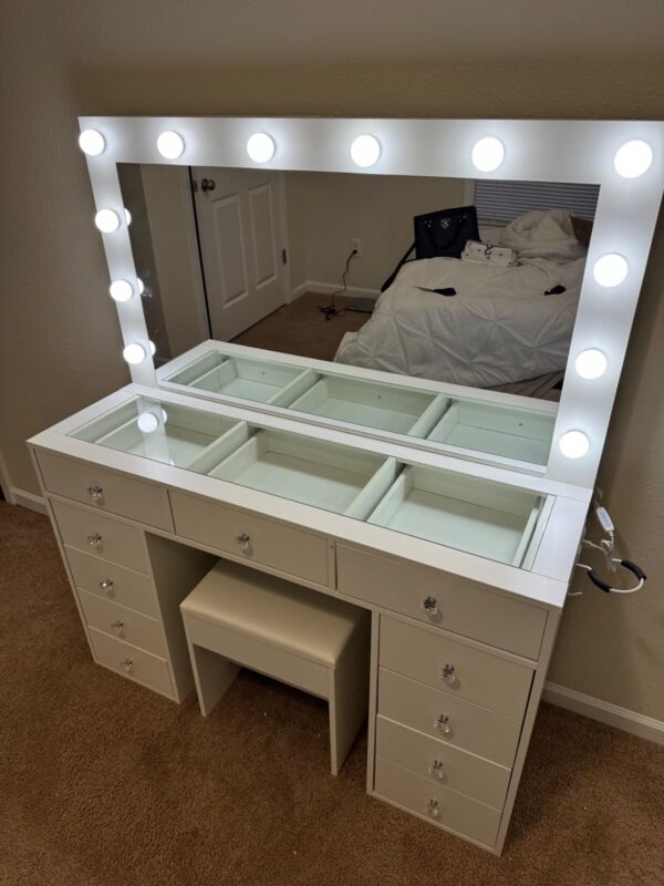 #DT-025 White 11 Drawers Glass Top Vanity with Lights, Stool & Built in Power Strip - Image 10
