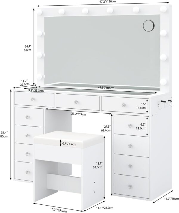#DT-025 White 11 Drawers Glass Top Vanity with Lights, Stool & Built in Power Strip - Image 9