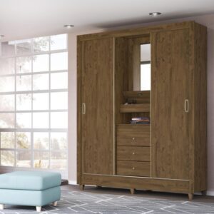 Paraty 2 Sliding Doors + 3 Drawers Wardrobe with Mirror - Brown Finish