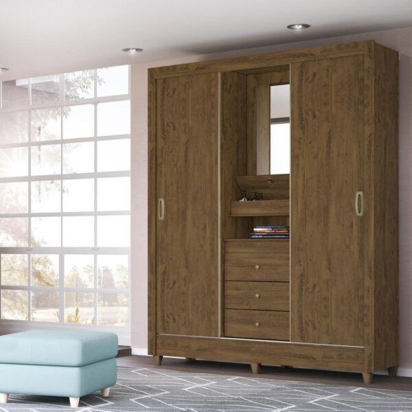 Paraty 2 Sliding Doors + 3 Drawers Wardrobe with Mirror - Brown Finish