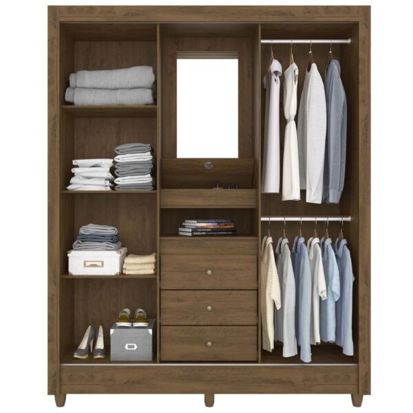 Paraty 2 Sliding Doors + 3 Drawers Wardrobe with Mirror - Brown Finish - Image 4