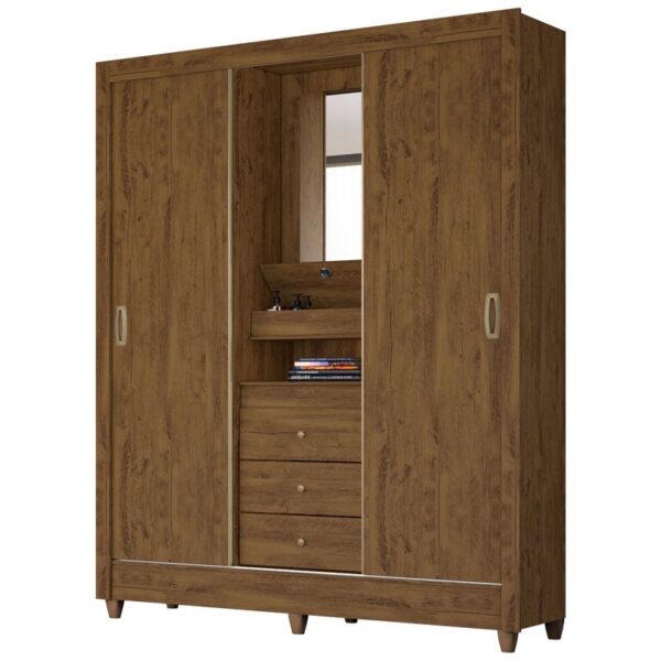 Paraty 2 Sliding Doors + 3 Drawers Wardrobe with Mirror - Brown Finish - Image 5