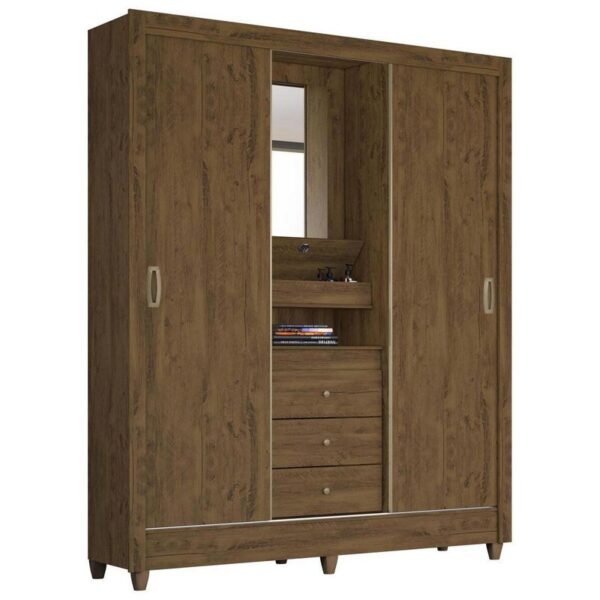 Paraty 2 Sliding Doors + 3 Drawers Wardrobe with Mirror - Brown Finish - Image 2