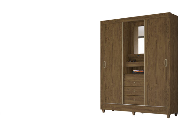 Paraty 2 Sliding Doors + 3 Drawers Wardrobe with Mirror - Brown Finish - Image 6