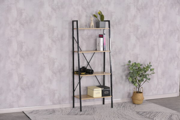 #WM-0110 Oak 4 Tier Metal & Wood Ladder Shelf
