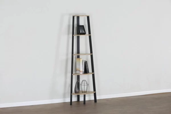#WM-0120 Oak 5 Tier Metal & Wood Corner Shelf