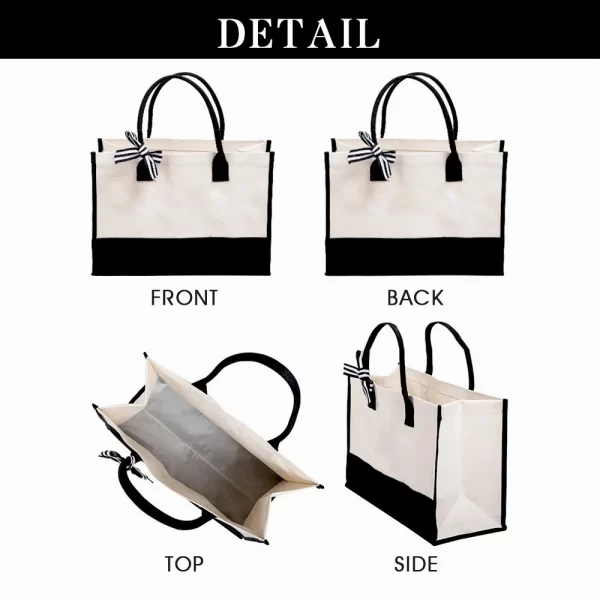 #GY 01-01 Blank Beige & Black Canvas Tote Bag with Pouch - Image 3
