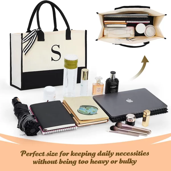 #GY 01-02/03 Initial Beige & Black Canvas Tote Bag with Pouch - Image 5