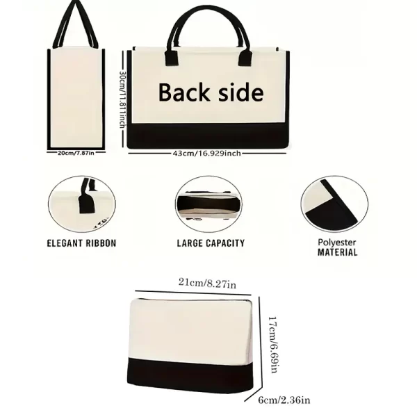 #GY 01-02/03 Initial Beige & Black Canvas Tote Bag with Pouch - Image 6