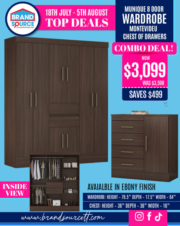 Combo Deal: Munique 8 Door Wardrobe & Montevideu Chest of Drawers - Ebony Finish