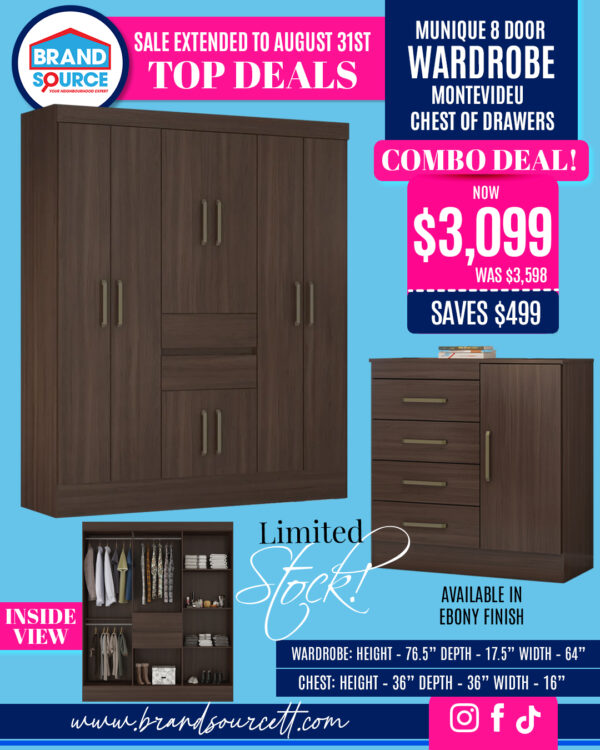 Combo Deal: Munique 8 Door Wardrobe & Montevideu Chest of Drawers - Ebony Finish