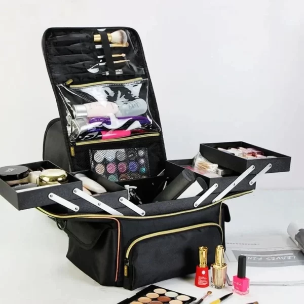 #QZ 01-09 Black Leatherette 2PC Cosmetic Train Case - Image 3