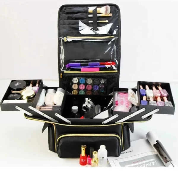 #QZ 01-09 Black Leatherette 2PC Cosmetic Train Case - Image 2