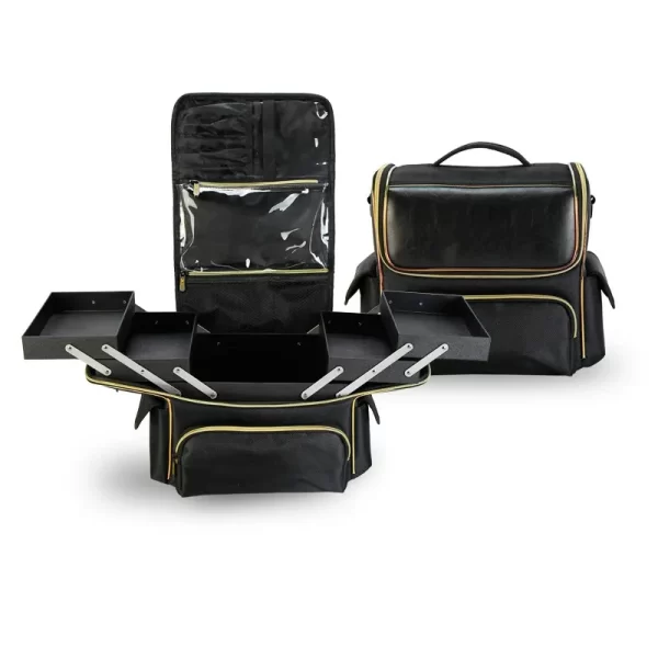 #QZ 01-09 Black Leatherette 2PC Cosmetic Train Case - Image 4