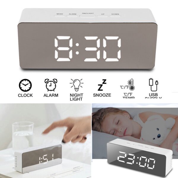 #XP 01-01 White Plastic LED Mirror Alarm Clock - Image 2