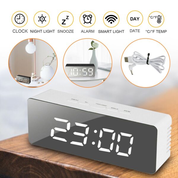 #XP 01-01 White Plastic LED Mirror Alarm Clock - Image 3