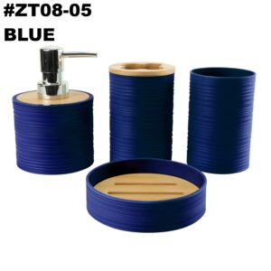 #ZT 08-05 Dark Blue Plastic 4PC Bathroom Accessory Set - with Bamboo Lids