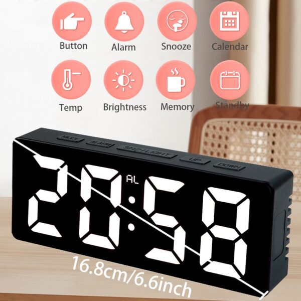 #JT 02-08 Black Plastic LED Alarm Clock - White Text Display - Image 2