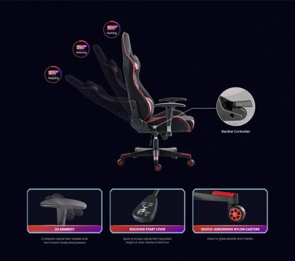 #OC-595 Red & Black Ergonomic Leatherette Gaming Chair - Image 7