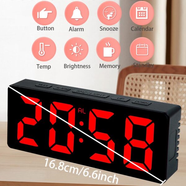#SH 01-53 Black Plastic LED Alarm Clock - Red Text Display - Image 2