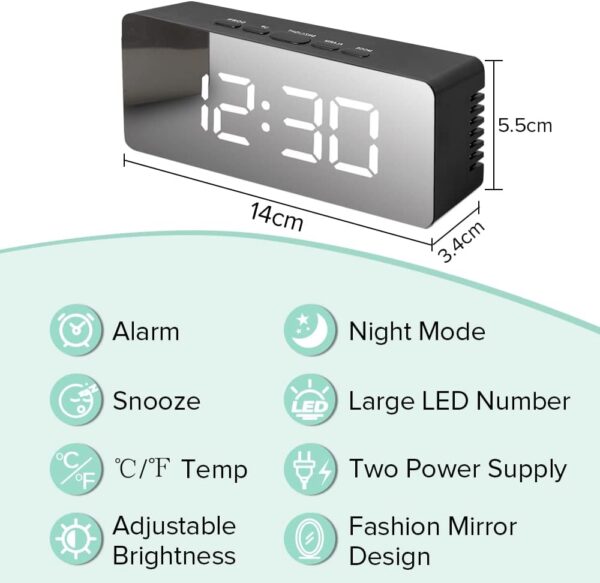 #XP 01-01 Black Plastic LED Mirror Alarm Clock - Image 2