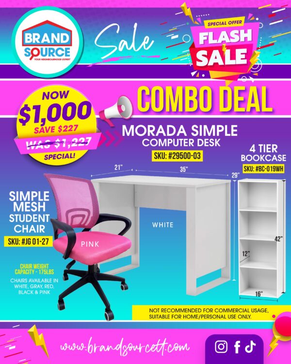 3PC Combo Deal: Morada Desk + 4 Tier Bookcase + Simple Student Mesh Chair