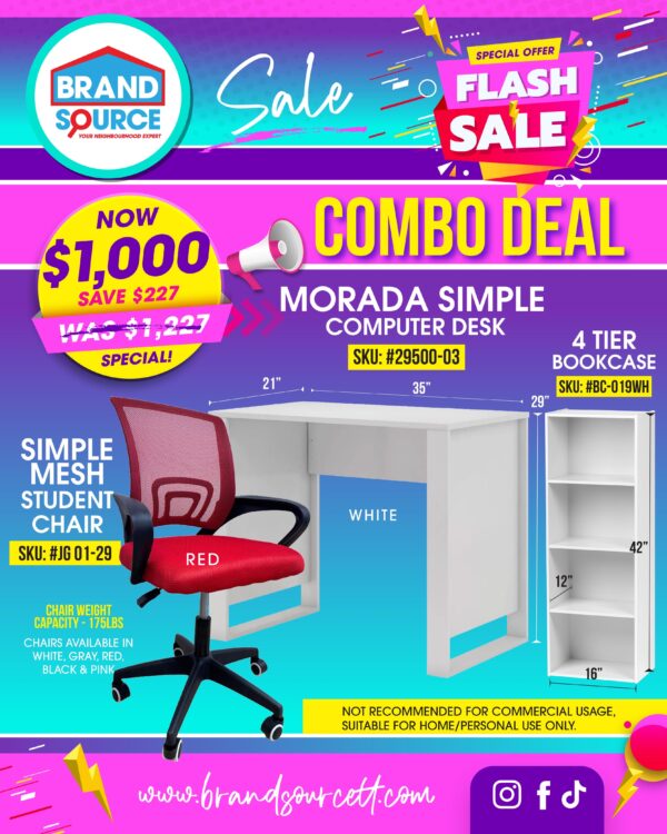 3PC Combo Deal: Morada Desk + 4 Tier Bookcase + Simple Student Mesh Chair - Image 2