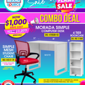 3PC Combo Deal: White Morada Desk + White 4 Tier Bookcase + Red Simple Student Mesh Chair
