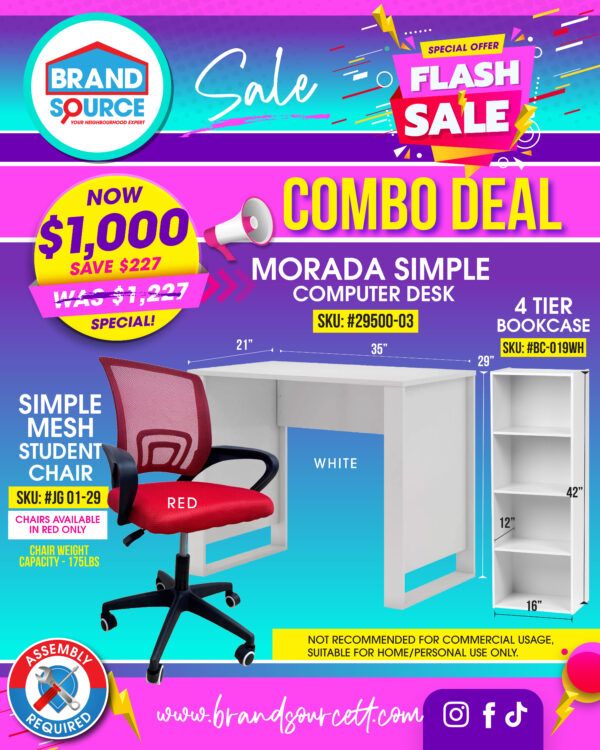 3PC Combo Deal: White Morada Desk + White 4 Tier Bookcase + Red Simple Student Mesh Chair