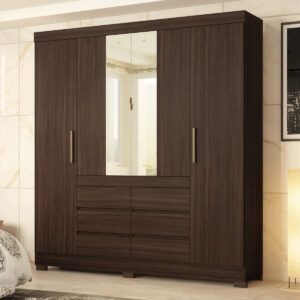 Cadis Coffee 4 Door 6 Drawers Couple's Wardrobe with Mirrors