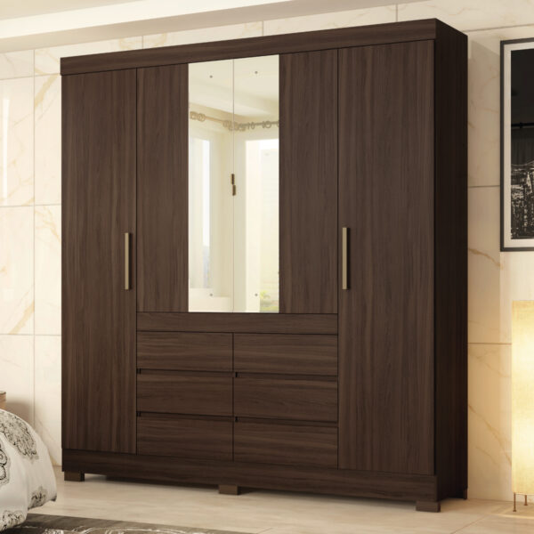 Cadis Coffee 4 Door 6 Drawers Couple's Wardrobe with Mirrors