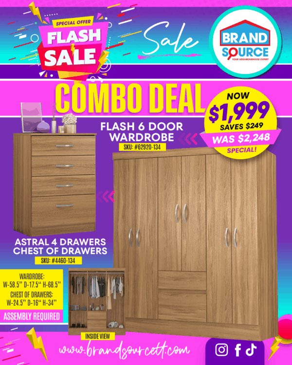 Combo Deal: Flash 6 Door Wardrobe & Astral 4 Drawers Chest of Drawers – Almond Finish