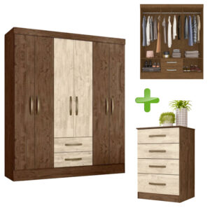 Combo Deal: Laos 6 Door Wardrobe & Comoda 4 Drawers Chest of Drawers - Brown/Hazelnut Finish