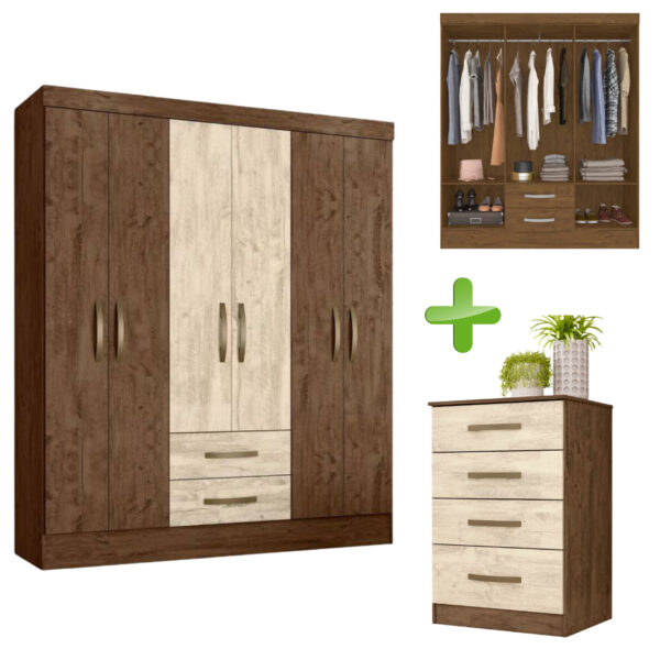 Combo Deal: Laos 6 Door Wardrobe & Comoda 4 Drawers Chest of Drawers - Brown/Hazelnut Finish
