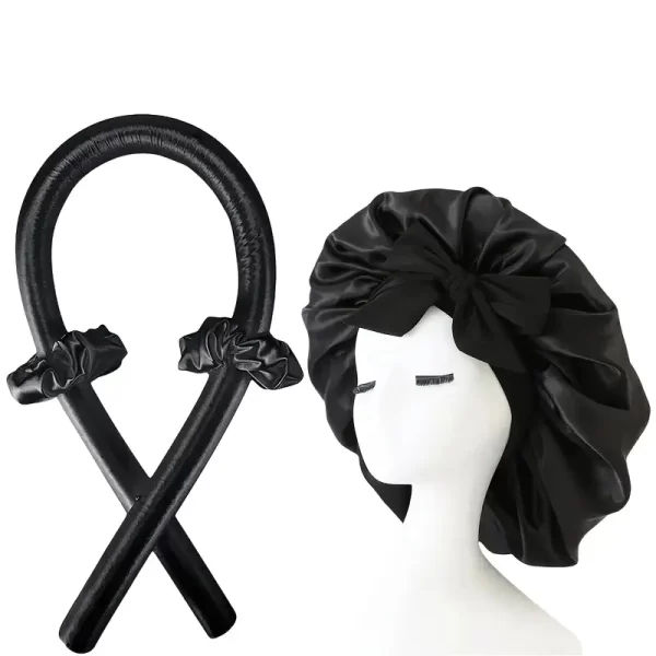#LW 03-02 Black Satin No Heat Hair Curling Sleep Set - Image 3