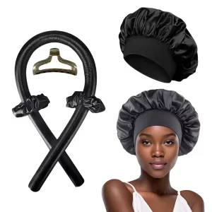 #LW 03-02 Black Satin No Heat Hair Curling Sleep Set