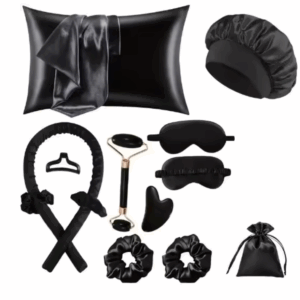 #LW 03-10 Black Satin No Heat Hair Curling Sleep Set with Pillowcase