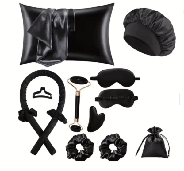 #LW 03-10 Black Satin No Heat Hair Curling Sleep Set with Pillowcase