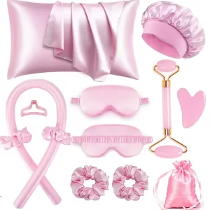 #LW 03-10 Pink Satin No Heat Hair Curling Sleep Set with Pillowcase
