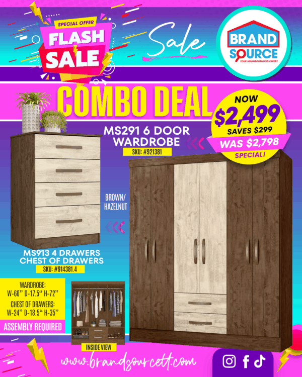 Combo Deal: Laos 6 Door Wardrobe & Comoda 4 Drawers Chest of Drawers - Brown/Hazelnut Finish