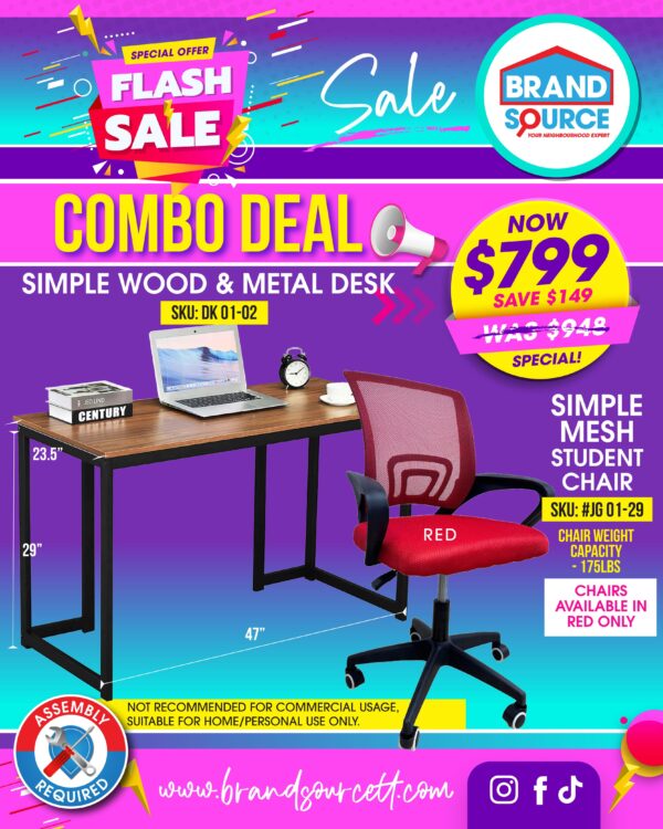 Combo Deal: #DK 01-02 Simple Metal & Wood Desk & Red Simple Mesh Student Chair